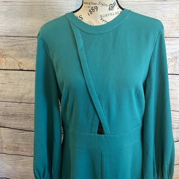 Tibi Savanna Cutout Dress NWT Long Sleeves Keyhole Waist Teal Lined Size 10 - Picture 3 of 14
